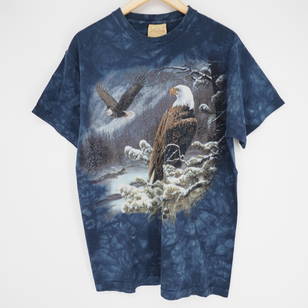 The Mountain Eagle Print T Shirt Mens L Blue Vintage 90s USA Cotton Graphic
